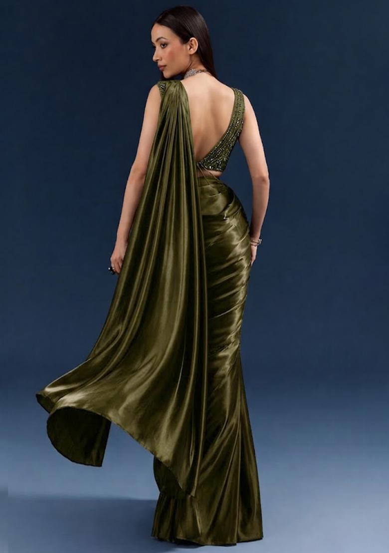 Olive Embroidered Handwork Pre Draped Saree Set - Indya