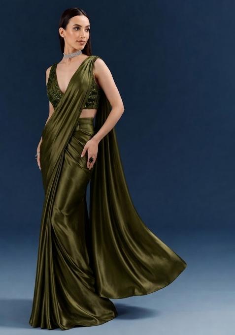 Olive Embroidered Handwork  Pre Draped Saree Set