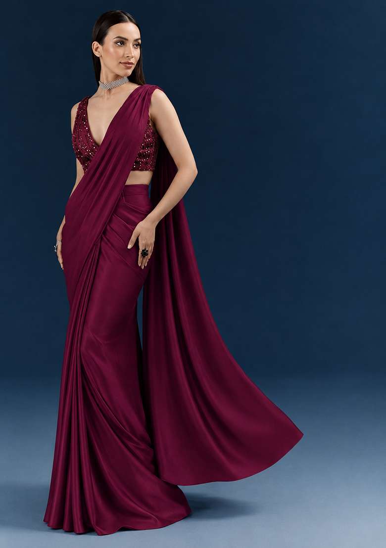 Wine Embroidered Handwork Pre Draped Saree Set - Indya