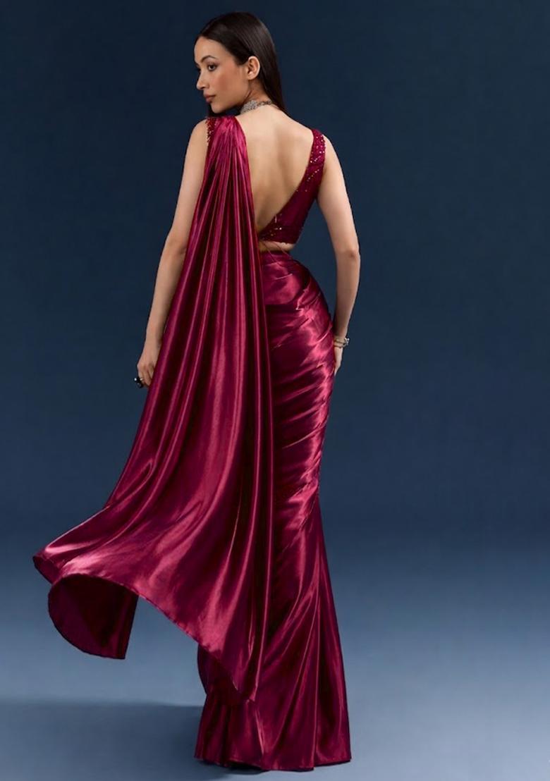 Wine Embroidered Handwork  Pre Draped Saree Set - Indya