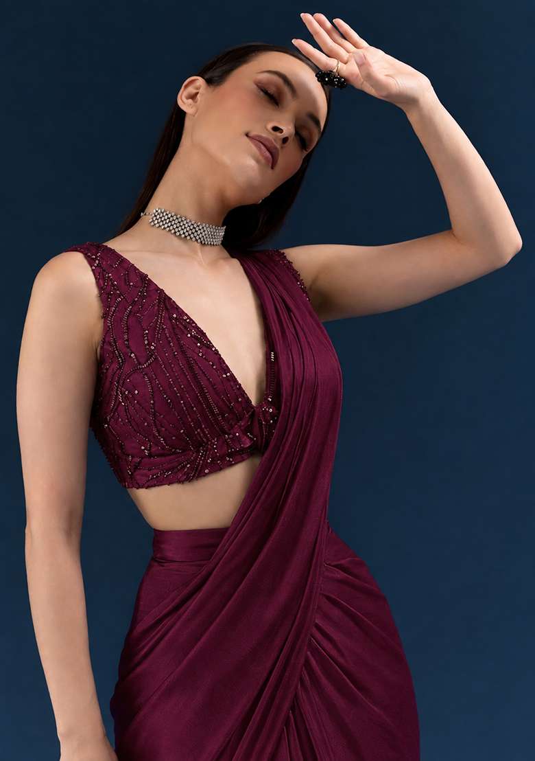 Wine Embroidered Handwork Pre Draped Saree Set - Indya