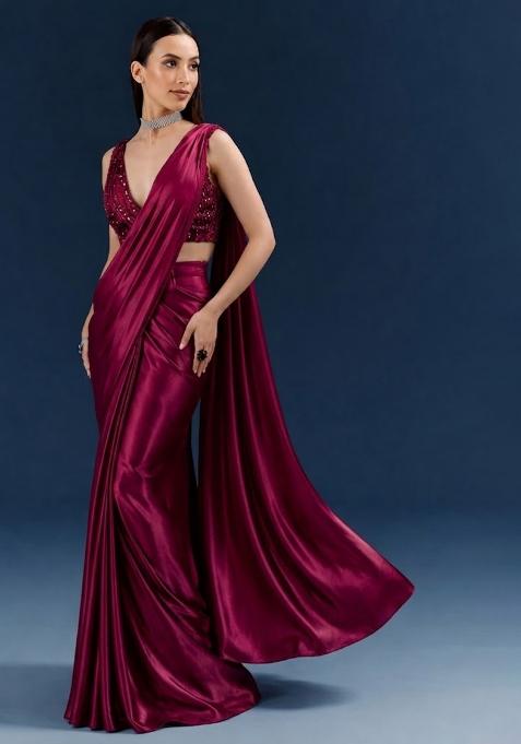 Wine Embroidered Handwork  Pre Draped Saree Set