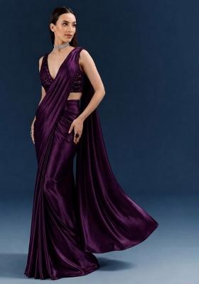 Wine Embroidered Handwork  Pre Draped Saree Set