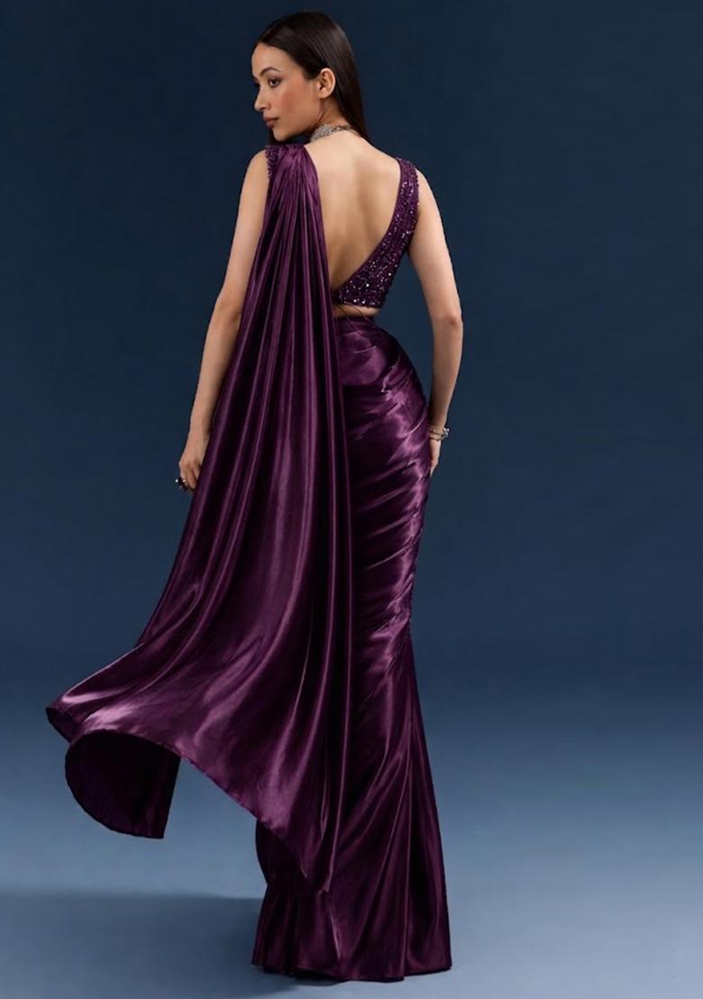 Wine Embroidered Handwork Pre Draped Saree Set - Indya