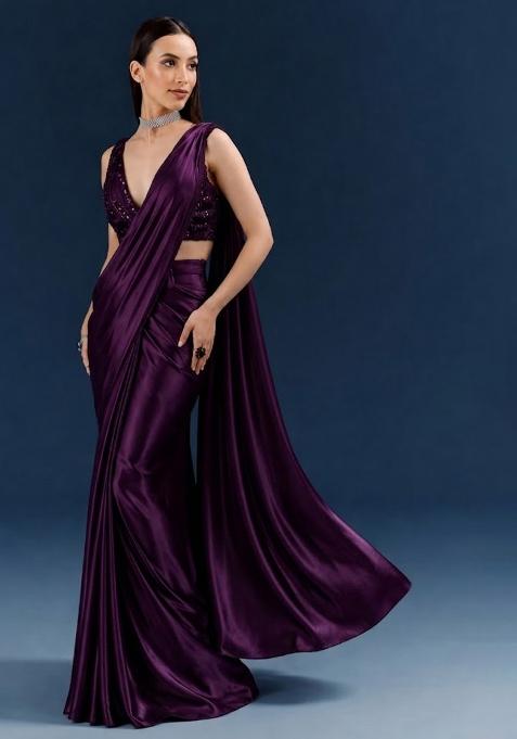 Wine Embroidered Handwork  Pre Draped Saree Set