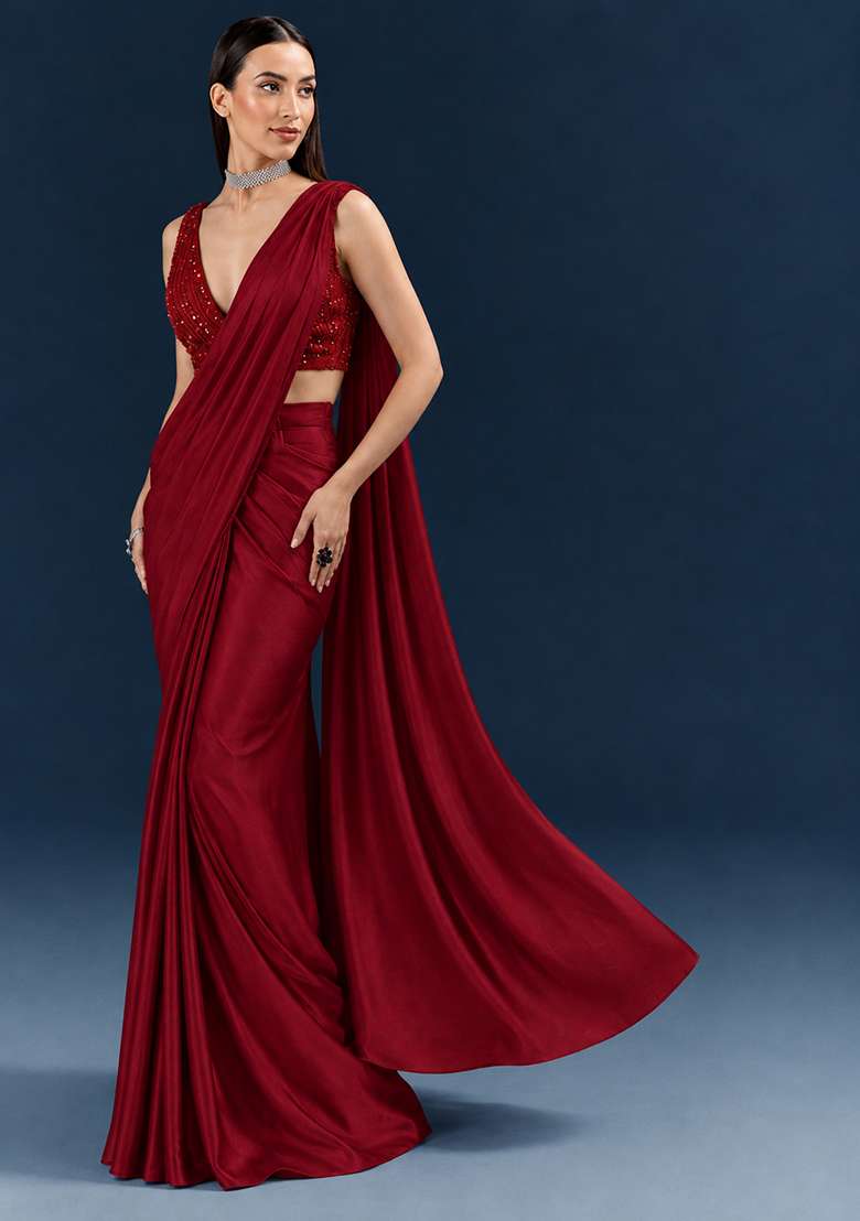 Red Embroidered Handwork Pre Draped Saree Set - Indya