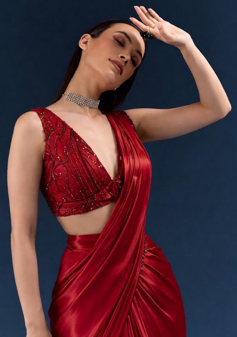 Red Embroidered Handwork Pre Draped Saree Set - Indya