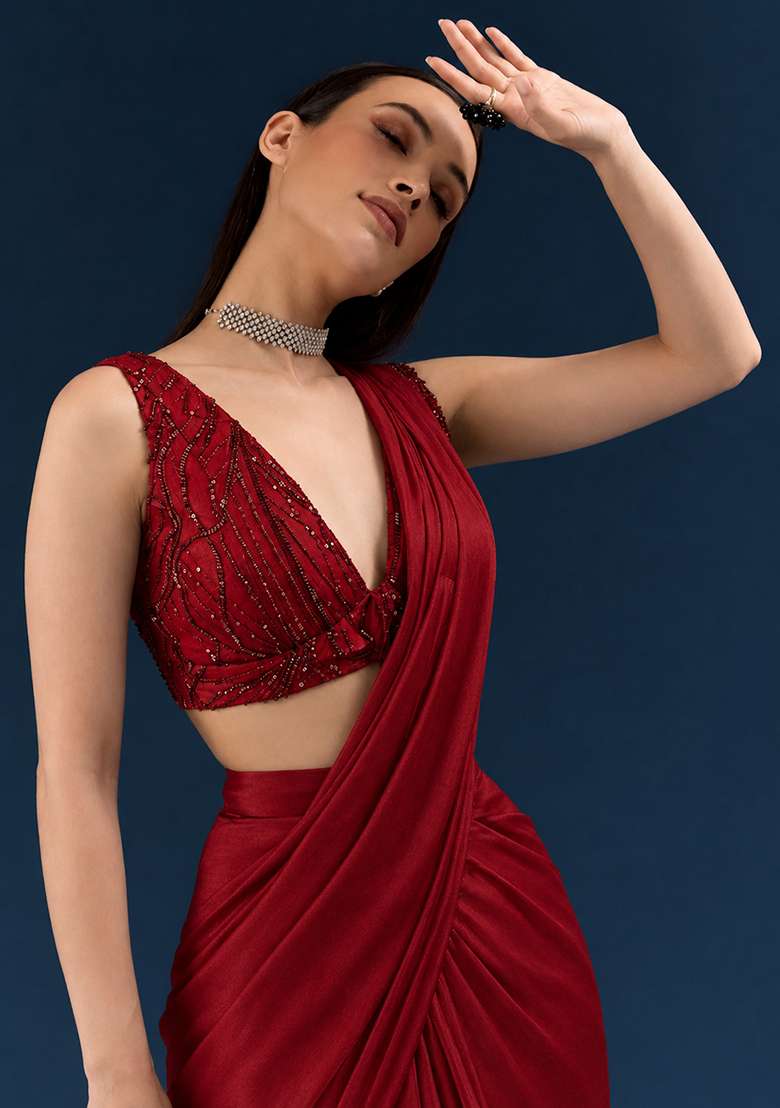 Red Embroidered Handwork Pre Draped Saree Set - Indya