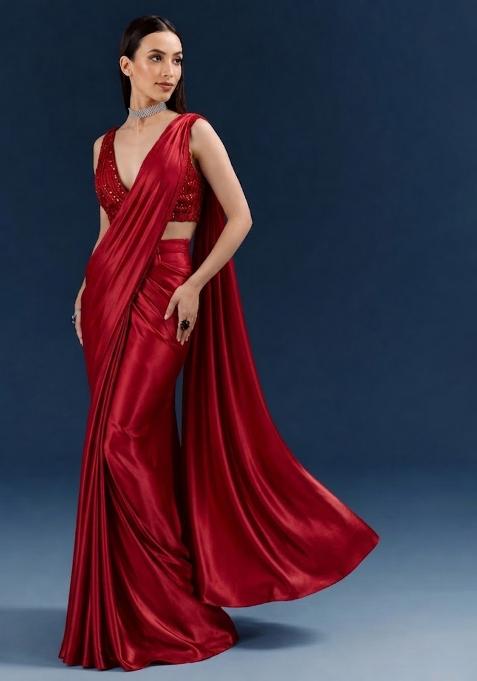 Red Embroidered Handwork  Pre Draped Saree Set