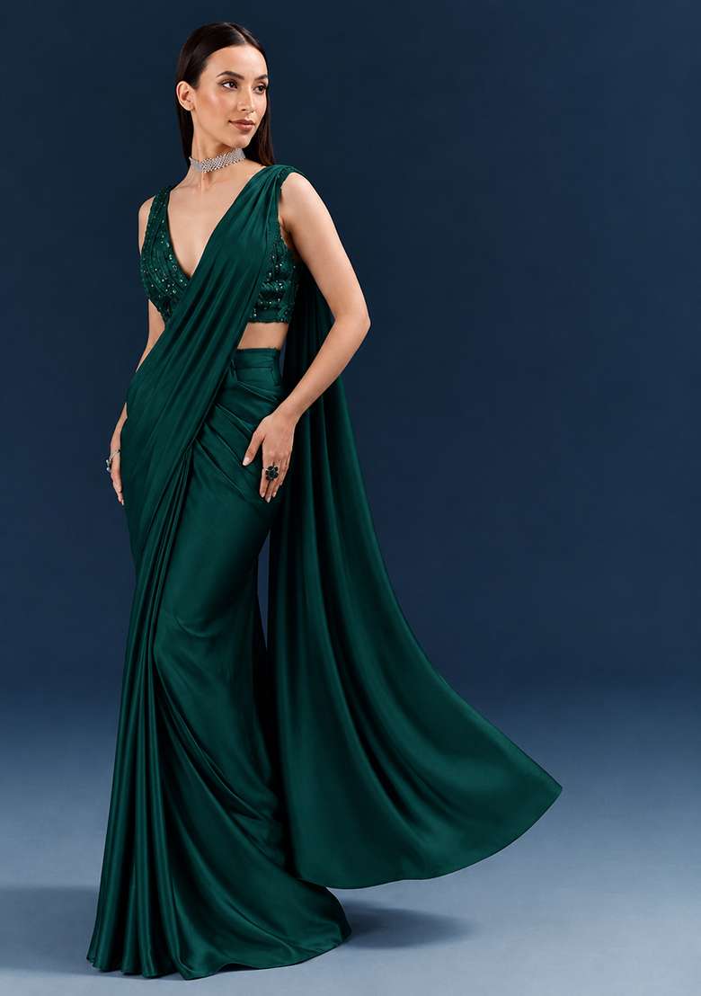 Green Embroidered Handwork Pre Draped Saree Set - Indya