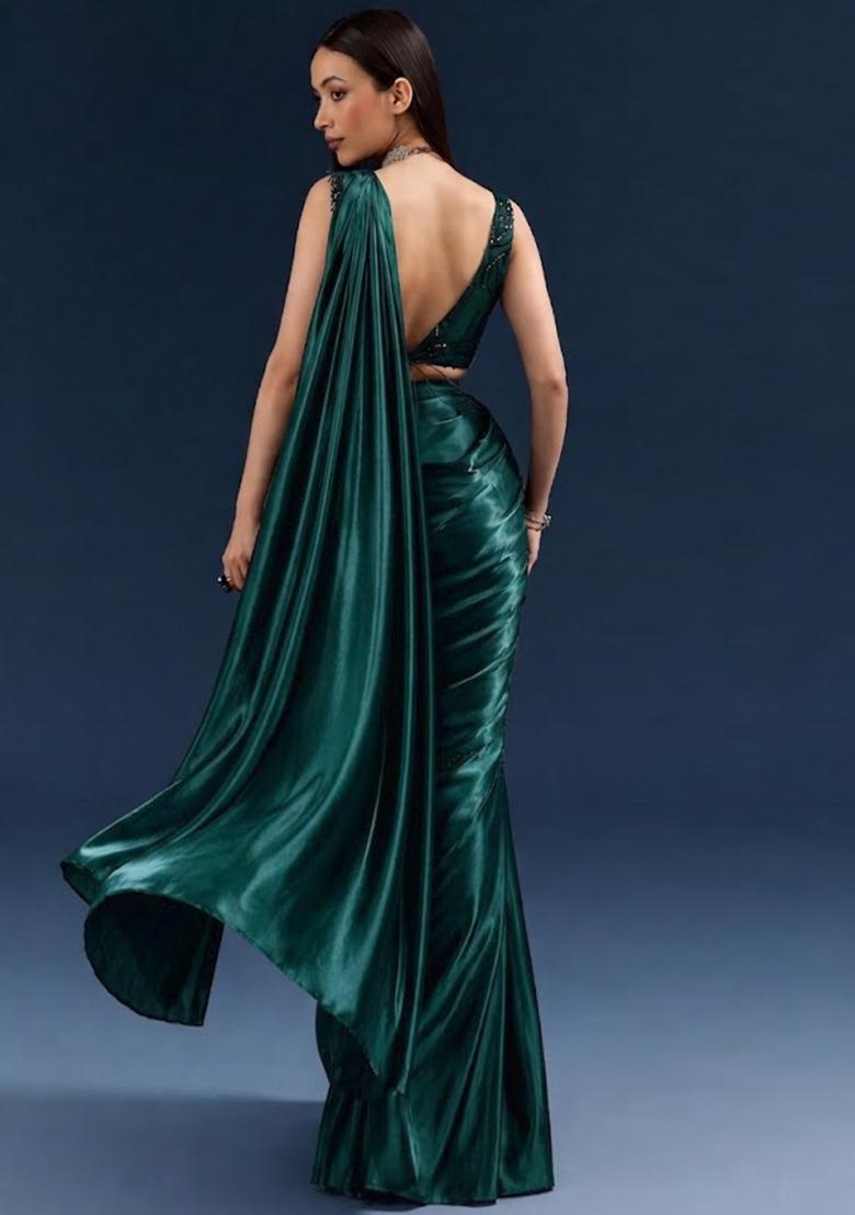Green Embroidered Handwork Pre Draped Saree Set - Indya