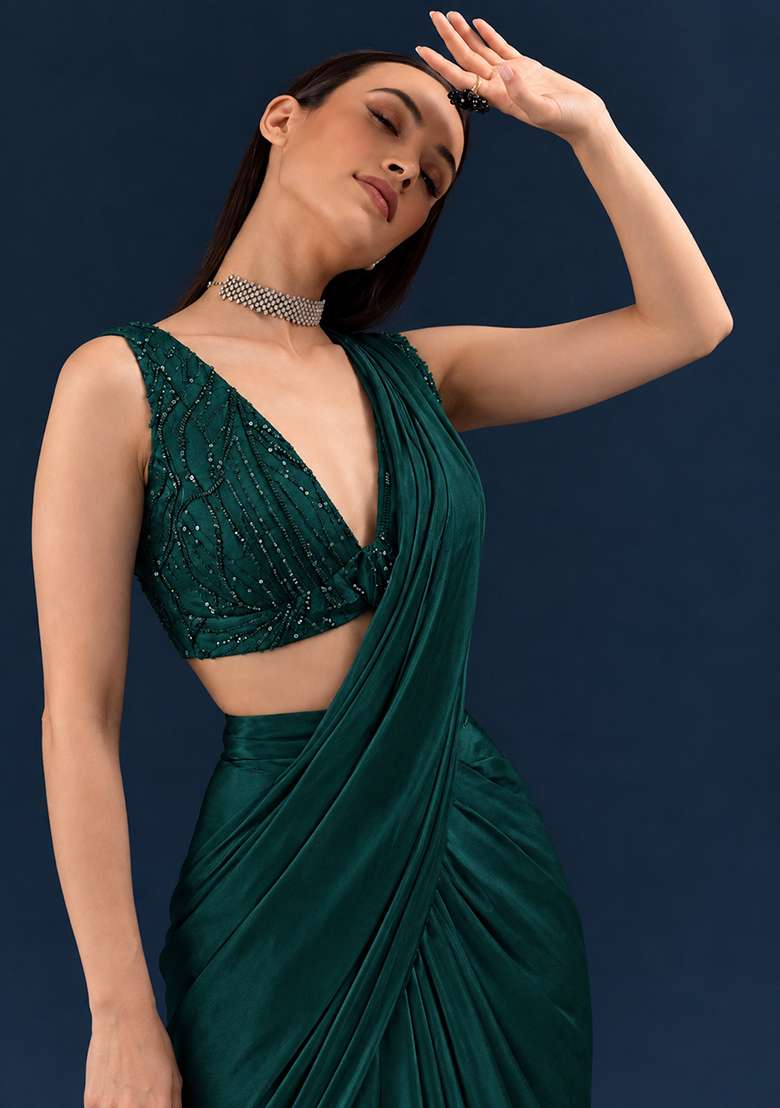 Green Embroidered Handwork Pre Draped Saree Set - Indya