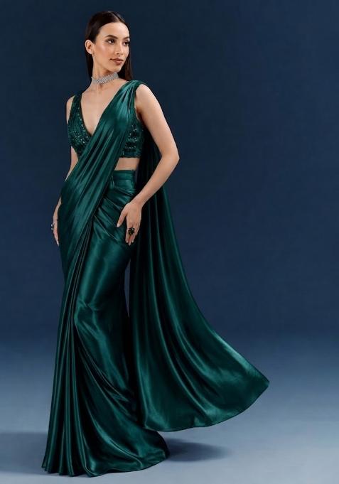 Green Embroidered Handwork  Pre Draped Saree Set