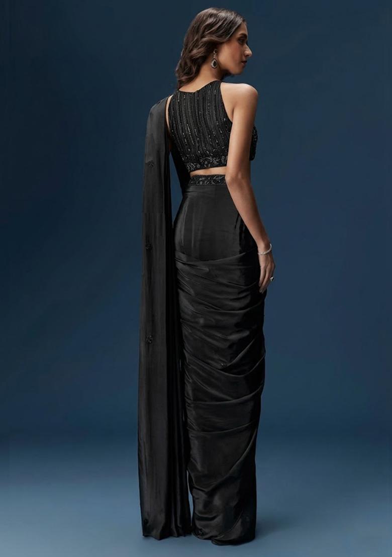Jet Black Embroidered Handwork Pre Draped Saree Set - Indya
