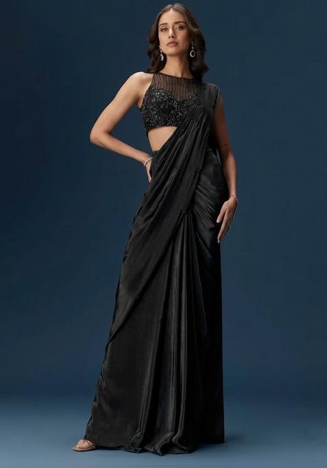 Jet Black Embroidered Handwork  Pre Draped Saree Set