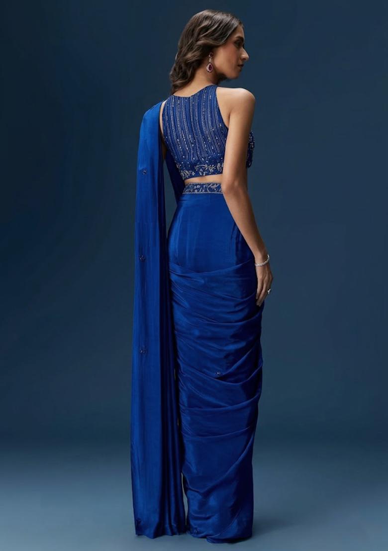 Blue Embroidered Handwork Pre Draped Saree Set - Indya