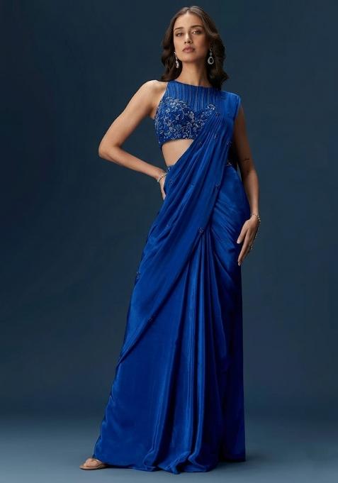 Blue Embroidered Handwork  Pre Draped Saree Set