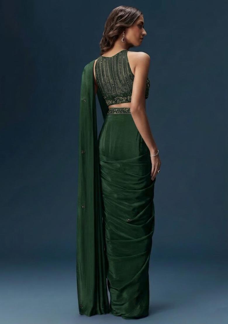 Emarald Green Embroidered Handwork Pre Draped Saree Set - Indya