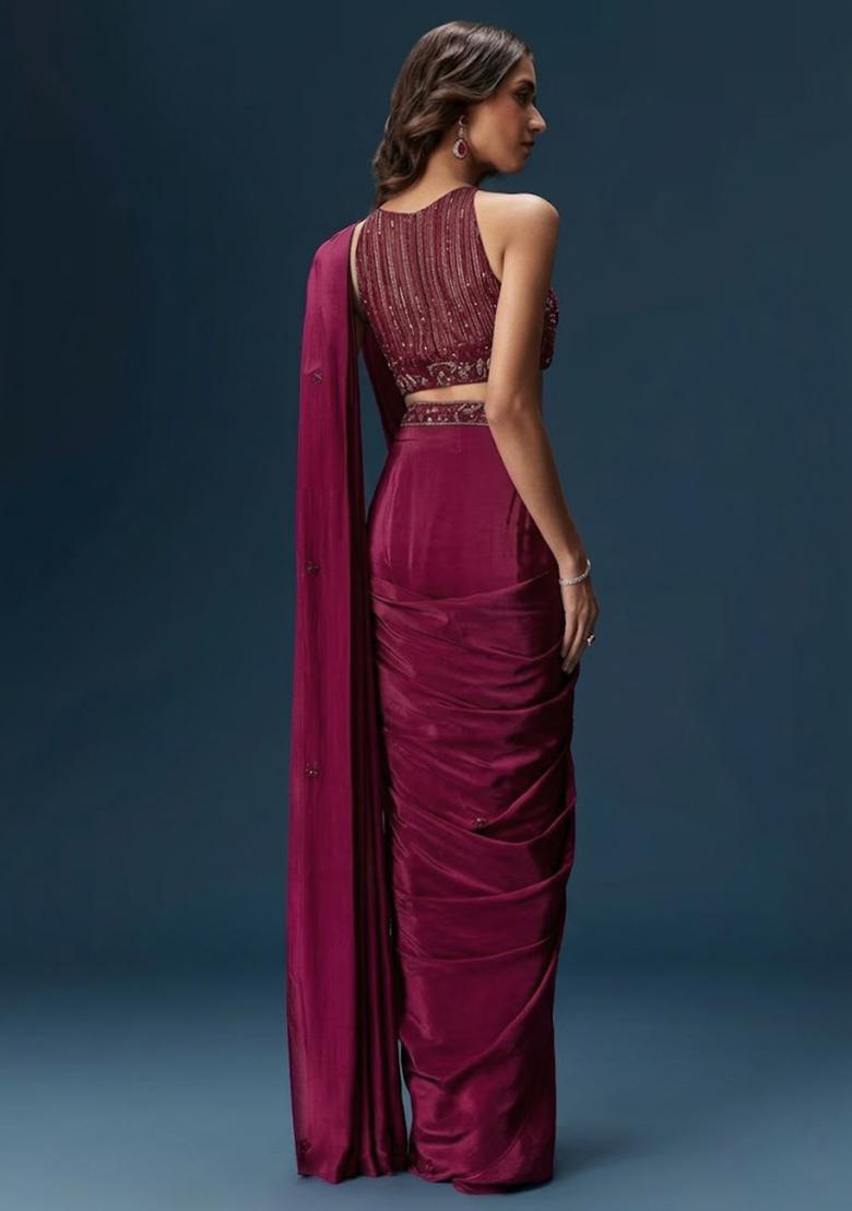 Magenta Embroidered Handwork Pre Draped Saree Set - Indya