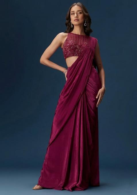 Magenta  Embroidered Handwork  Pre Draped Saree Set