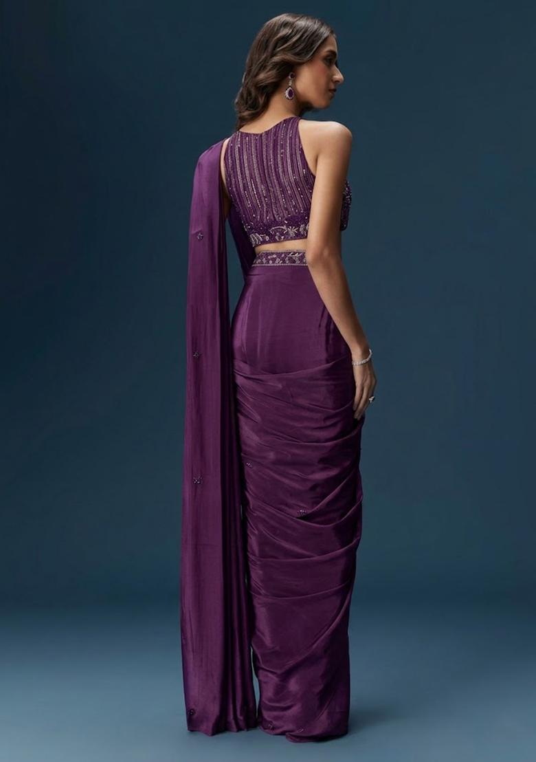 Purple Embroidered Handwork Pre Draped Saree Set - Indya