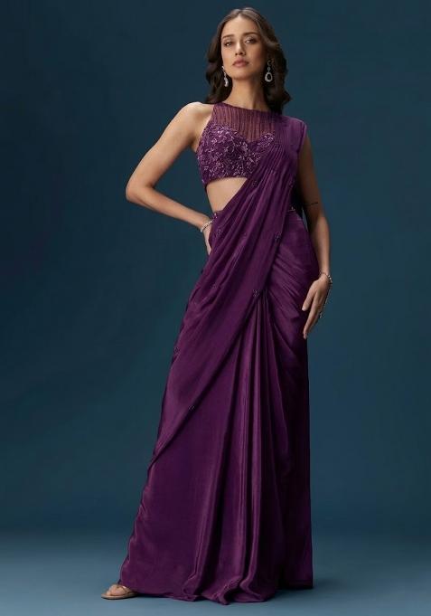 Purple  Embroidered Handwork  Pre Draped Saree Set