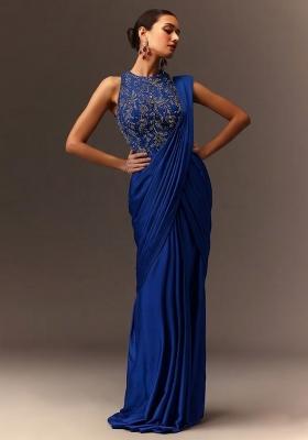 Royal Blue Embroidered Handwork Pre Draped Saree Set