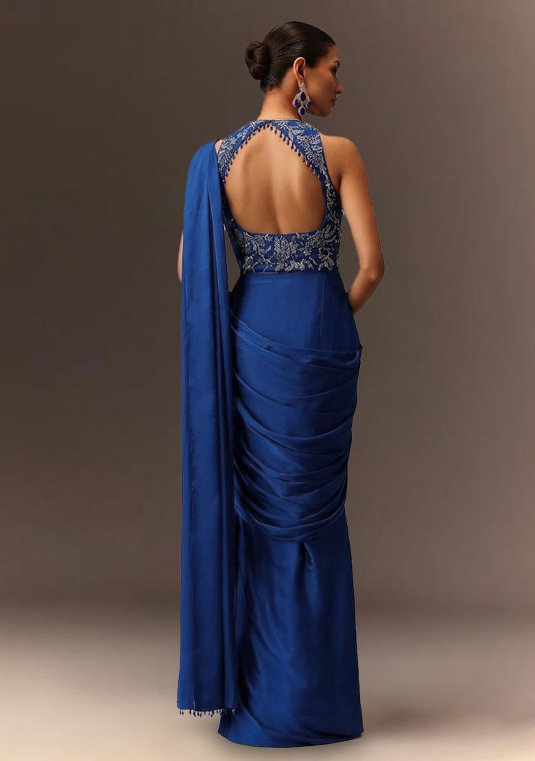 Royal Blue Embroidered Handwork Pre Draped Saree Set - Indya