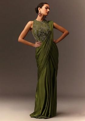 Olive Green Embroidered Handwork  Pre Draped Saree Set