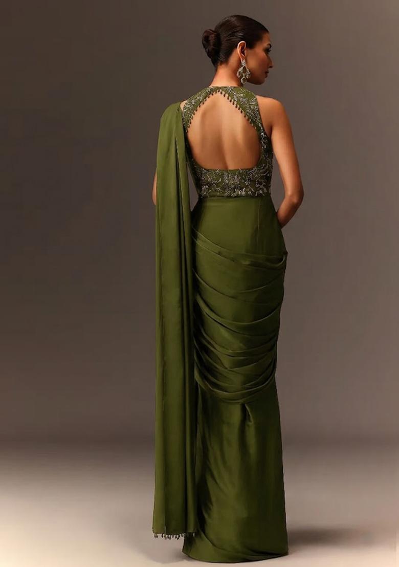 Olive Green Embroidered Handwork  Pre Draped Saree Set - Indya