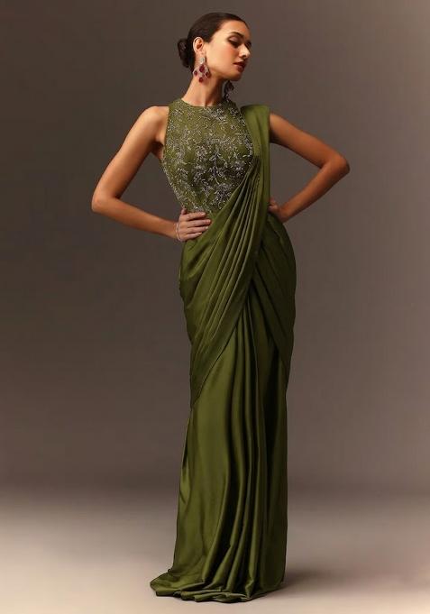 Olive Green Embroidered Handwork  Pre Draped Saree Set