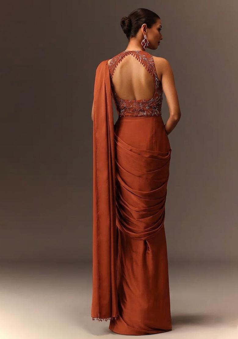 Copper Orange  Embroidered Handwork  Pre Draped Saree Set - Indya