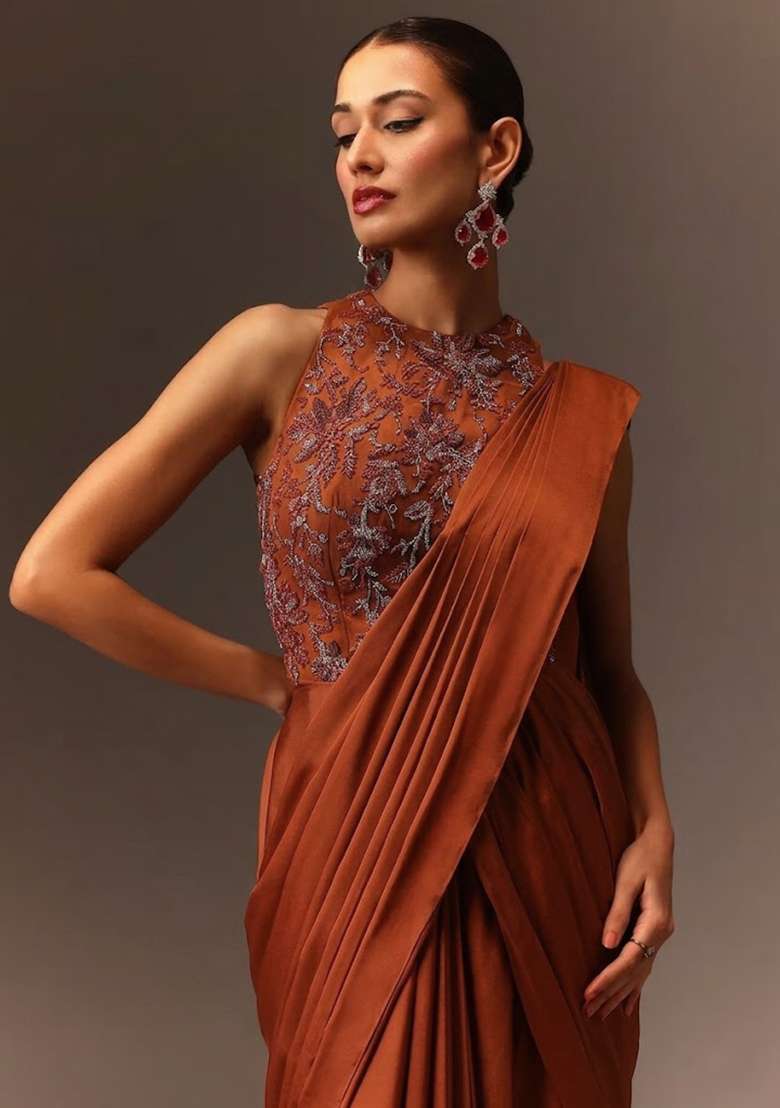 Copper Orange Embroidered Handwork Pre Draped Saree Set - Indya