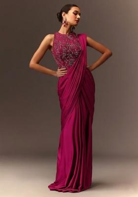 Magenta  Embroidered Handwork  Pre Draped Saree Set