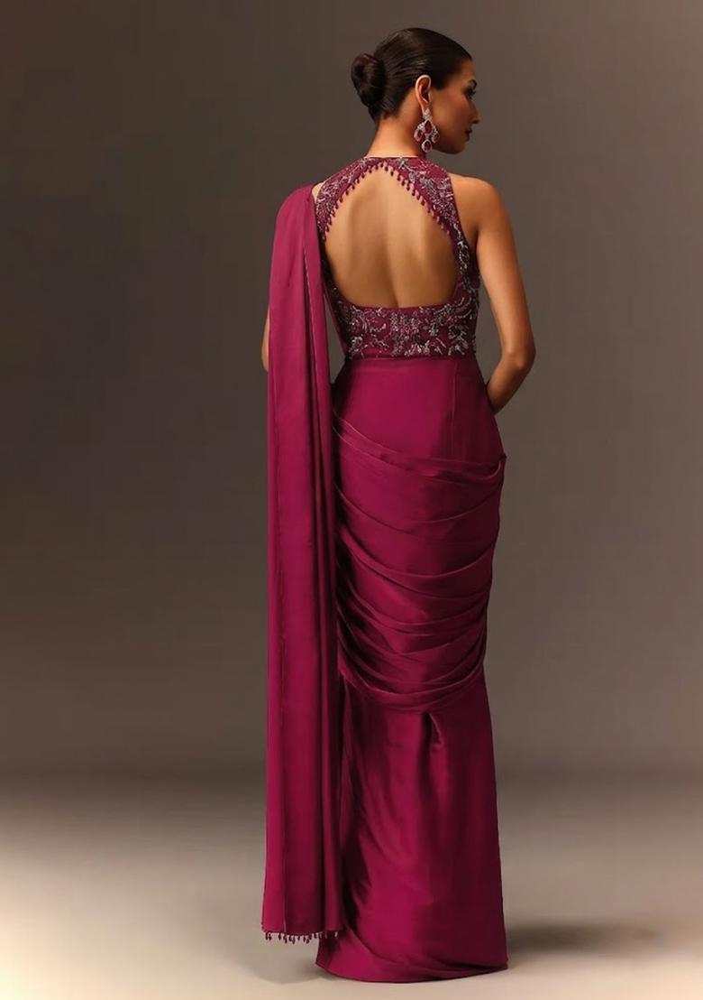 Magenta Embroidered Handwork Pre Draped Saree Set - Indya
