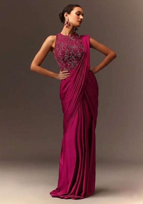 Magenta  Embroidered Handwork  Pre Draped Saree Set