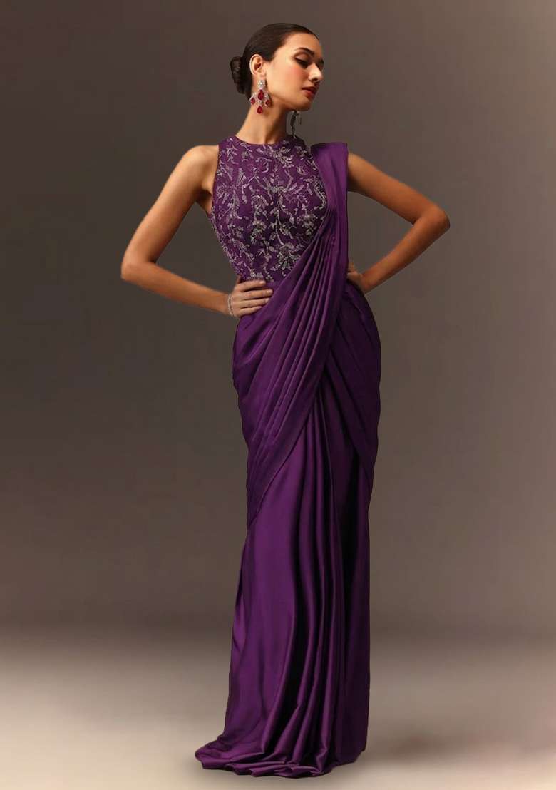 Purple Embroidered Handwork Pre Draped Saree Set - Indya