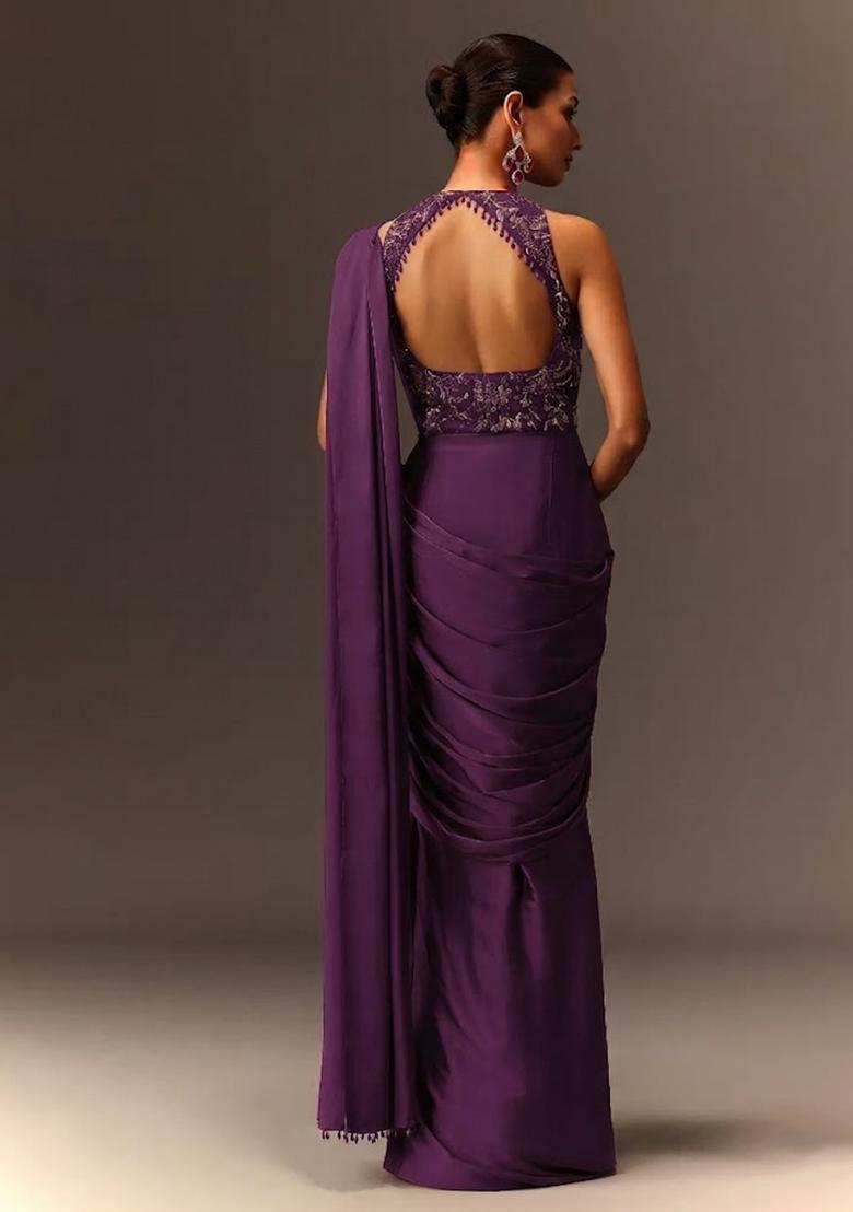 Purple Embroidered Handwork Pre Draped Saree Set - Indya