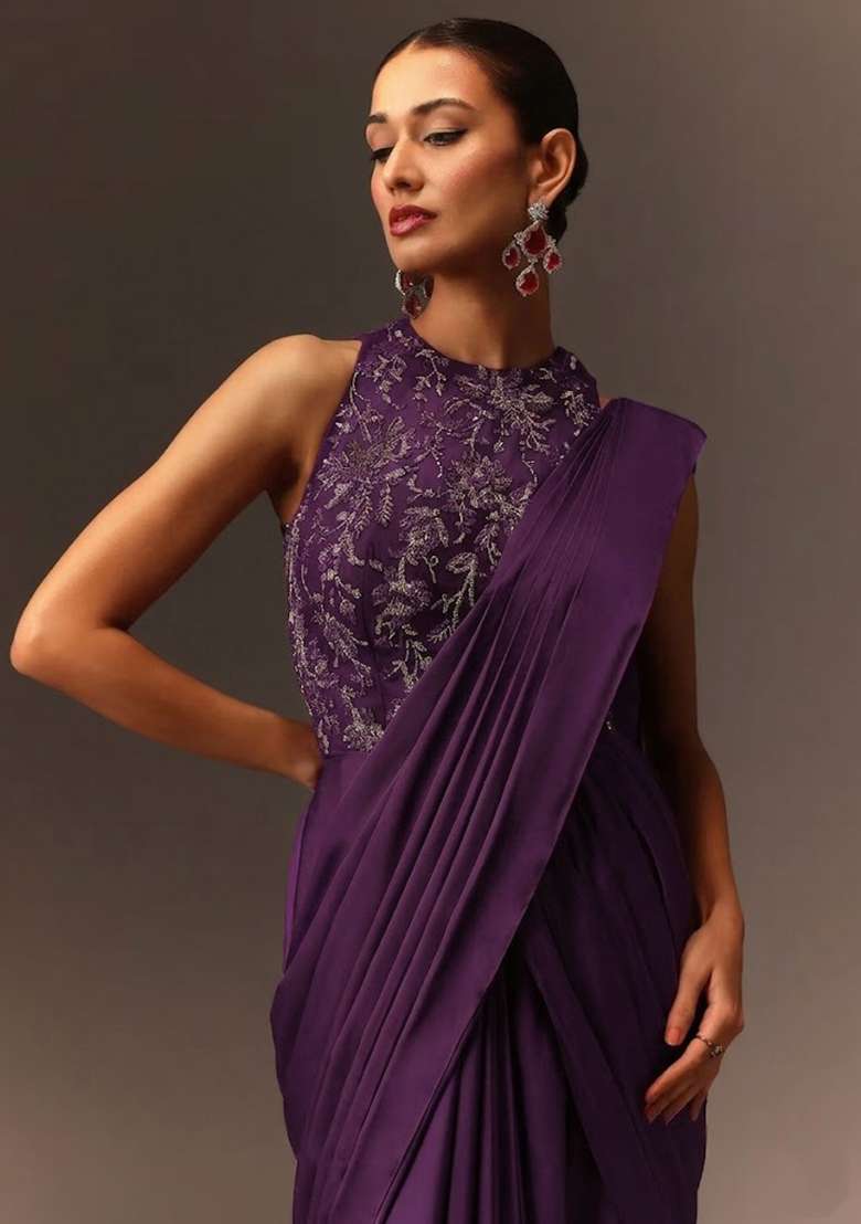 Purple Embroidered Handwork Pre Draped Saree Set - Indya