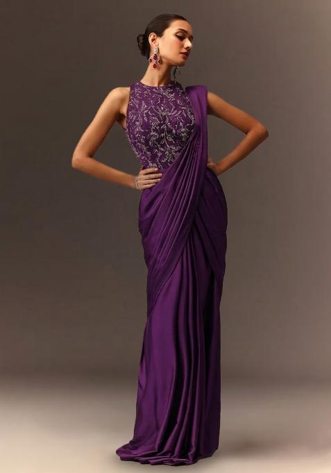 Purple  Embroidered Handwork  Pre Draped Saree Set