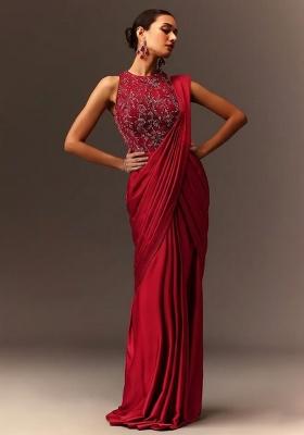 Red Embroidered Handwork  Pre Draped Saree Set