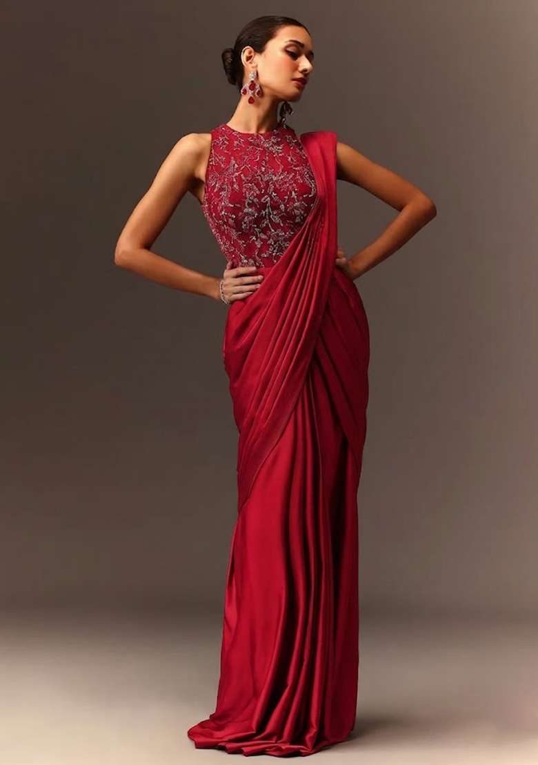 Red Embroidered Handwork Pre Draped Saree Set - Indya