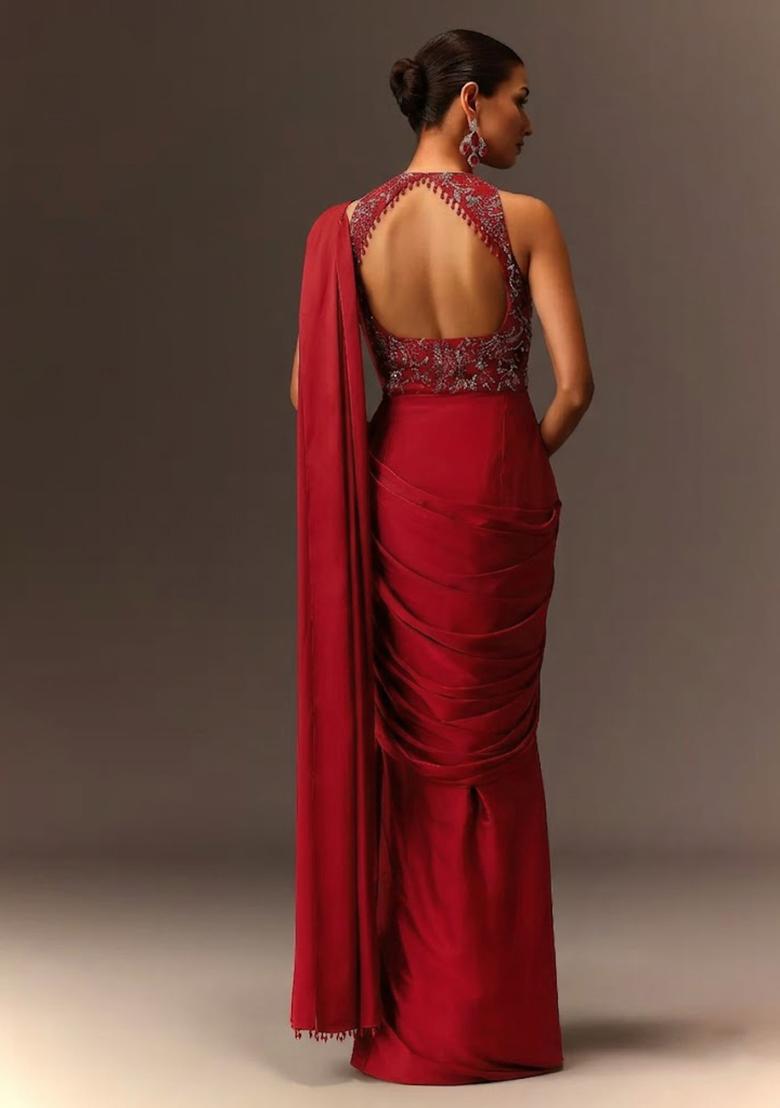 Red Embroidered Handwork  Pre Draped Saree Set - Indya