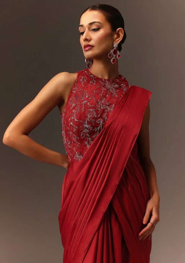 Red Embroidered Handwork Pre Draped Saree Set - Indya