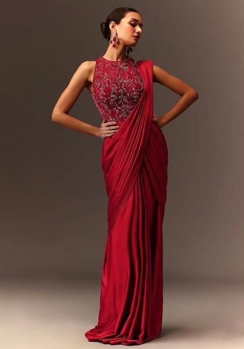 Red Embroidered Handwork  Pre Draped Saree Set