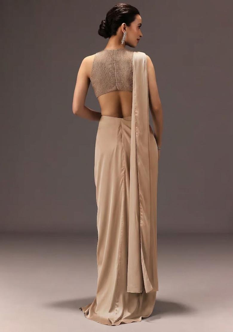 Warm Taupe Embroidered Handwork  Pre Draped Saree Set - Indya