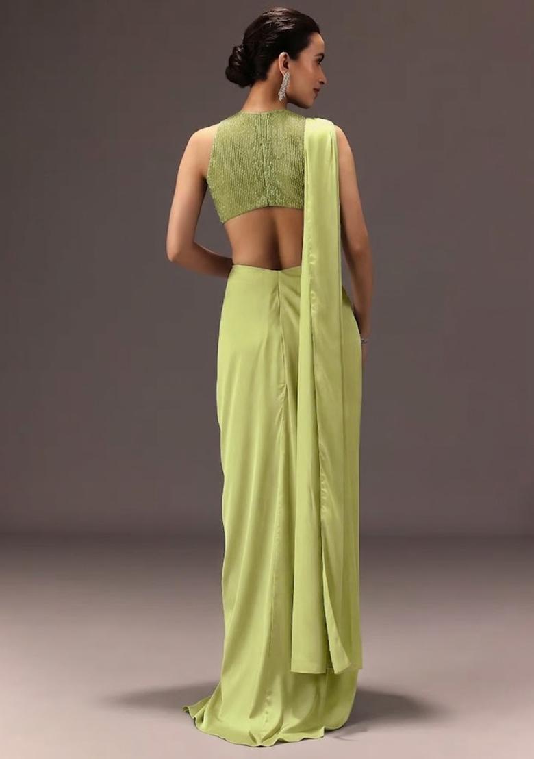 Mint Green Embroidered Handwork Pre Draped Saree Set - Indya