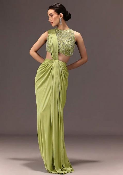 Mint Green Embroidered Handwork  Pre Draped Saree Set