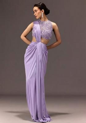 Lavender Embroidered Handwork  Pre Draped Saree Set