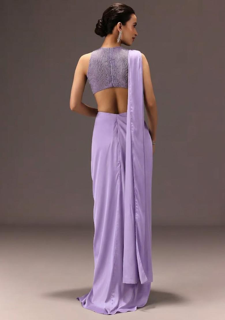 Lavender Embroidered Handwork Pre Draped Saree Set - Indya